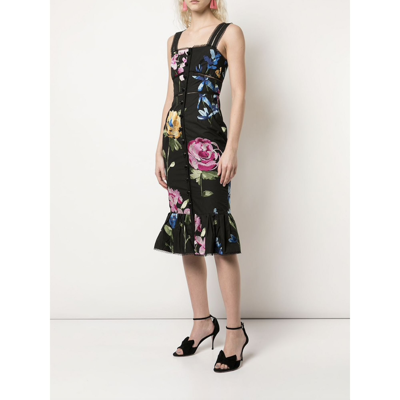 Shop Marchesa Ruffled Hem Floral Print Dress In Black