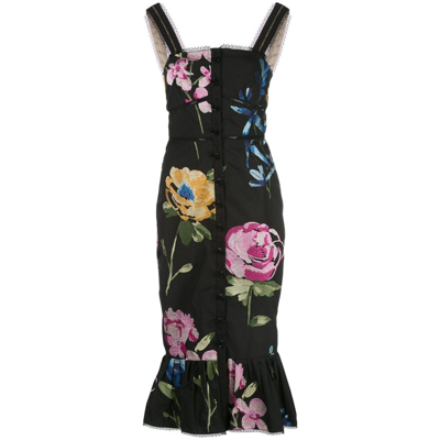 Shop Marchesa Ruffled Hem Floral Print Dress In Black
