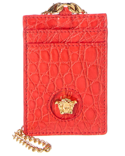 Shop Versace La Medusa Croc-embossed Leather Card Holder On Chain In Orange