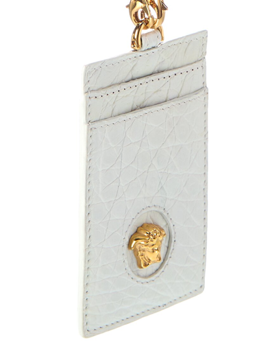 Shop Versace La Medusa Croc-embossed Leather Card Holder On Chain In White