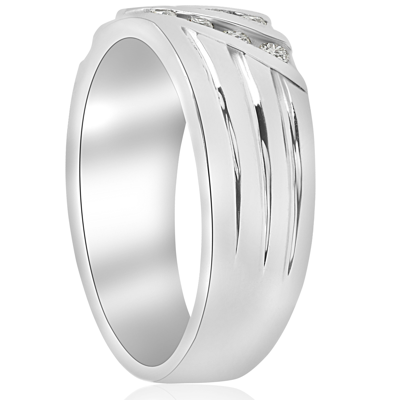 Pompeii3 1/2ct Mens Diamond Wedding Ring Three Row 10k White Gold In White