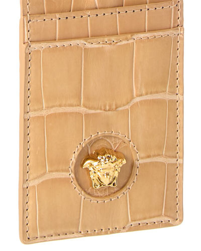 Shop Versace La Medusa Croc-embossed Leather Card Holder On Chain In Beige