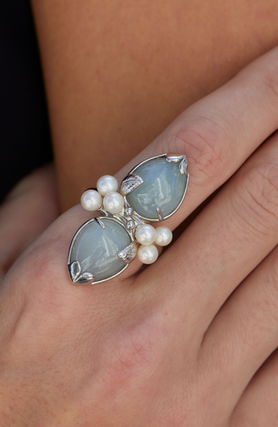Savvy Cie Jewels Ss 925 Double Jade And Pearl Cluser Ring In Green