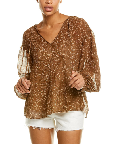 Shop Vince Starry Dot Shirred Neck Blouse In Brown