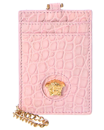 Shop Versace La Medusa Croc-embossed Leather Card Holder On Chain In Pink