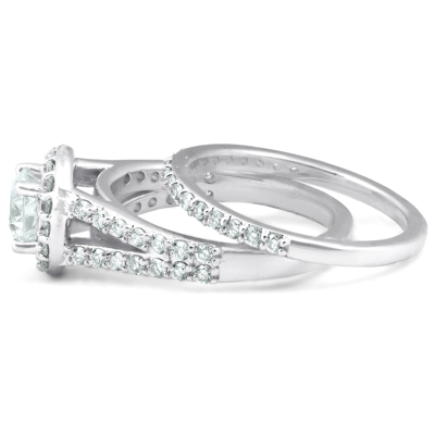 Pompeii3 2 Ct Diamond Halo Multi Row Engagement Ring Wedding Band Set 14k White Gold In Silver