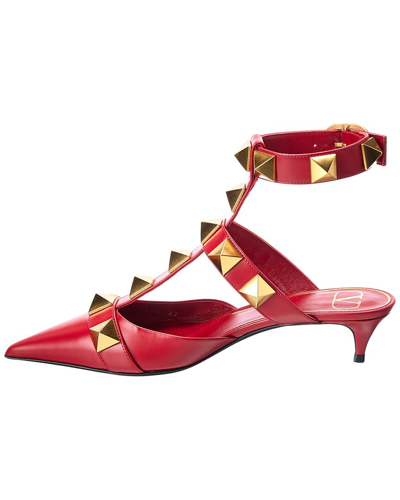 Shop Valentino Roman Stud 40 Leather Ankle Strap Pump In Red