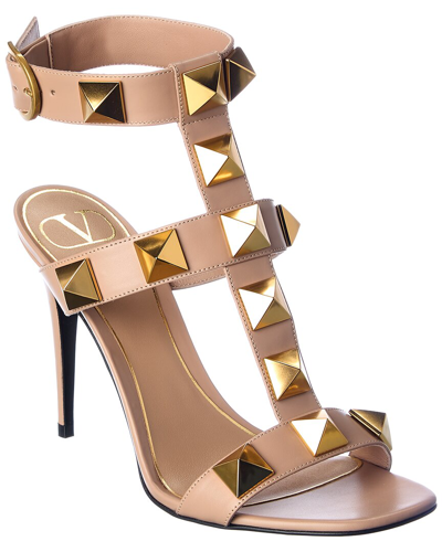 Shop Valentino Roman Stud 100 Leather Ankle Strap Sandal In Beige