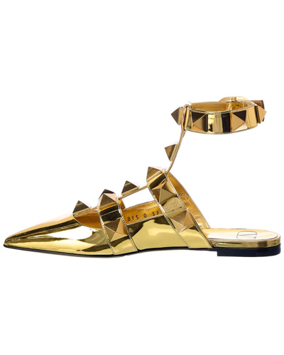 Shop Valentino Roman Stud Leather Ankle Strap Flat In Yellow
