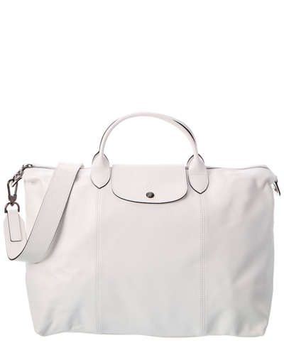 Longchamp Le Pliage Cuir Large Leather Top Handle Tote In White