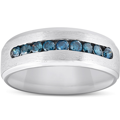 Shop Pompeii3 Mens 1/3ct Blue Diamond Brushed Wedding Ring 14k White Gold In Silver