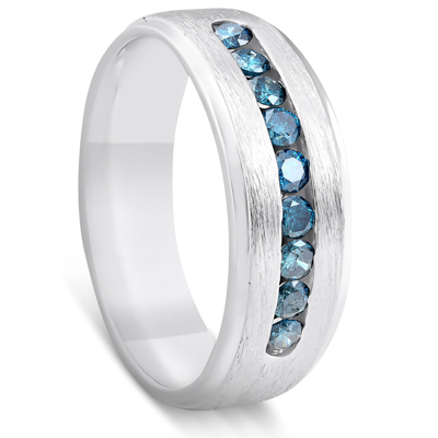 Pompeii3 Mens 1/3ct Blue Diamond Brushed Wedding Ring 14k White Gold In Silver