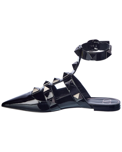 Shop Valentino Roman Stud Patent Ankle Strap Flat In Black