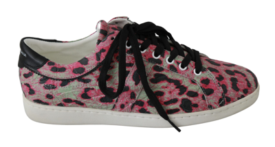 Shop Dolce & Gabbana Pink Leopard Print Training Leather Flat Women's Sneakers In Multi