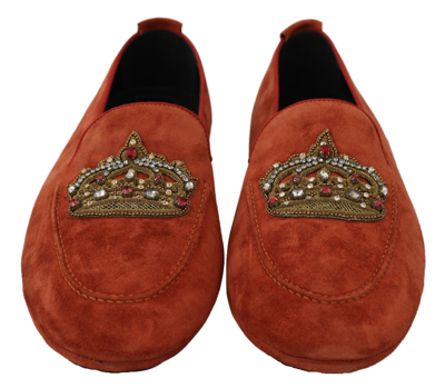Shop Dolce & Gabbana Leather Moccasins Crystal Crown Slippers Men's Shoes In Red