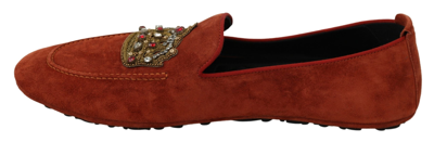 Shop Dolce & Gabbana Leather Moccasins Crystal Crown Slippers Men's Shoes In Red