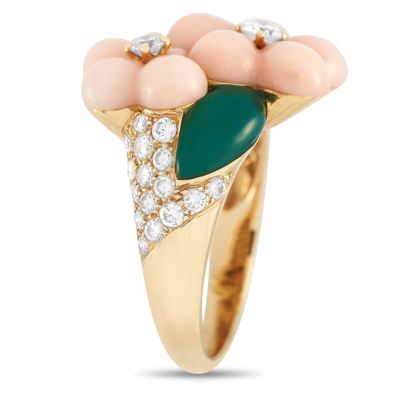 Shop Van Cleef & Arpels 18k Yellow Gold 0.82 Ct Diamond, Coral, And Chrysoprase Flower Ring