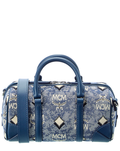 Mcm Boston Mini Vintage Jacquard Monogram Canvas & Leather Shoulder Bag In  Blue