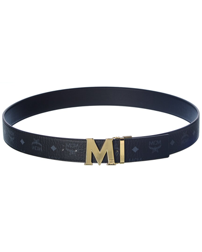 Shop Mcm Claus M Reversible Visetos & Leather Belt In Black