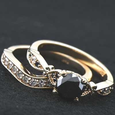 Pompeii3 1 3/4 Ct Black & White Diamond Engagement Wedding Ring Set 10k Yellow Gold In Grey