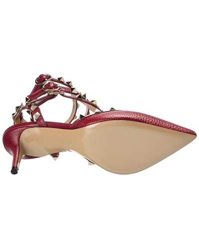 Shop Valentino Rockstud Caged 65 Grainy Leather Ankle Strap Pump In Red