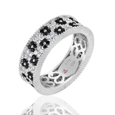 Shop Suzy Levian Sterling Silver Black And White Cubic Zirconia Floral Eternity Band