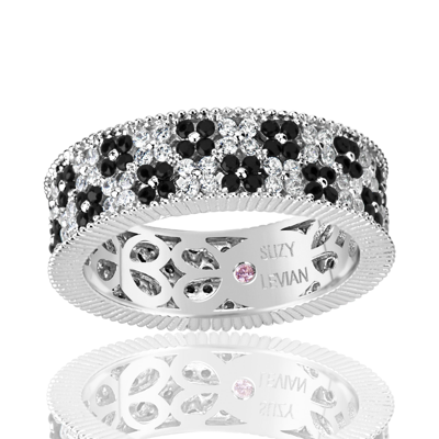 Suzy Levian Sterling Silver Black And White Cubic Zirconia Floral Eternity Band