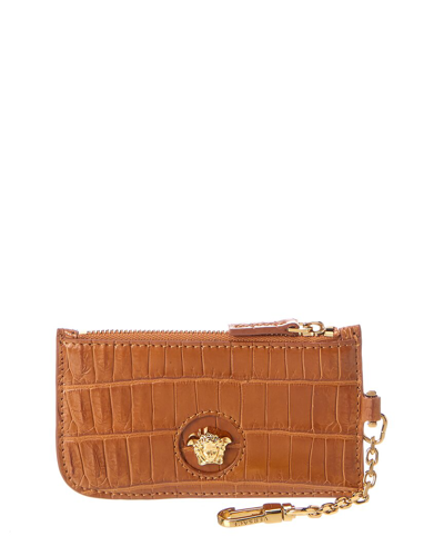 Shop Versace La Medusa Croc-embossed Leather Card Holder In Brown
