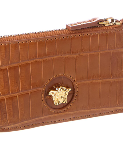 Shop Versace La Medusa Croc-embossed Leather Card Holder In Brown