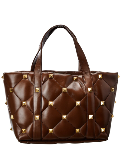 Shop Valentino Roman Stud Leather Tote In Brown