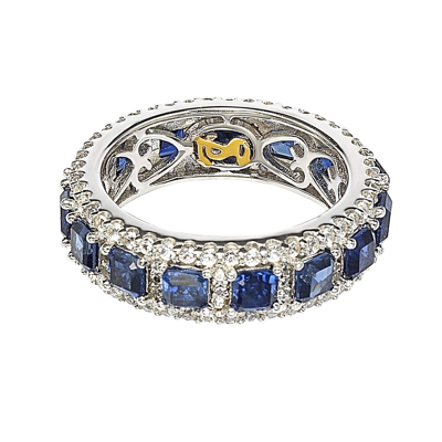 Suzy Levian Sterling Silver Sapphire And Diamond Modern Eternity Band In Blue