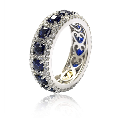 Suzy Levian Sterling Silver Sapphire And Diamond Modern Eternity Band In Blue