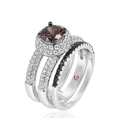 Suzy Levian Sterling Silver Brown Chocolate And White Cubic Zirconia 2-piece Engagement Ring
