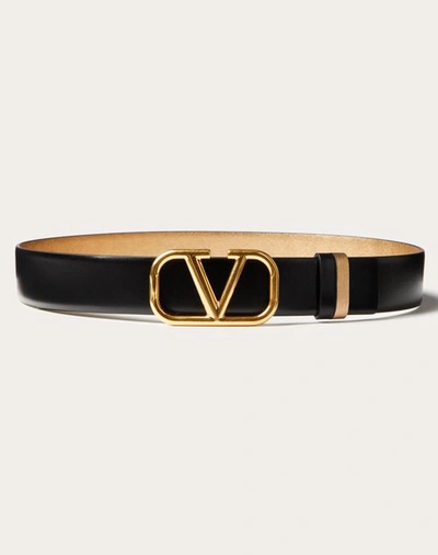 Shop Valentino Garavani Vlogo Signature Reversible Belt In Shiny And Metallic Calfskin 30mm Woman Antique In Antique Brass/black