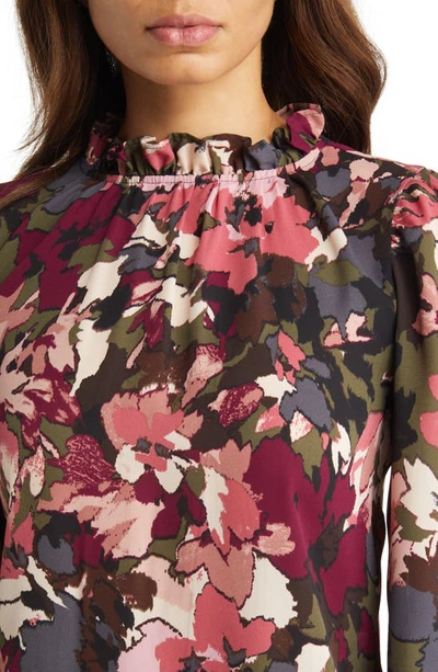 Shop Anne Klein Floral Ruffle Neck Blouse In Chianti Combo
