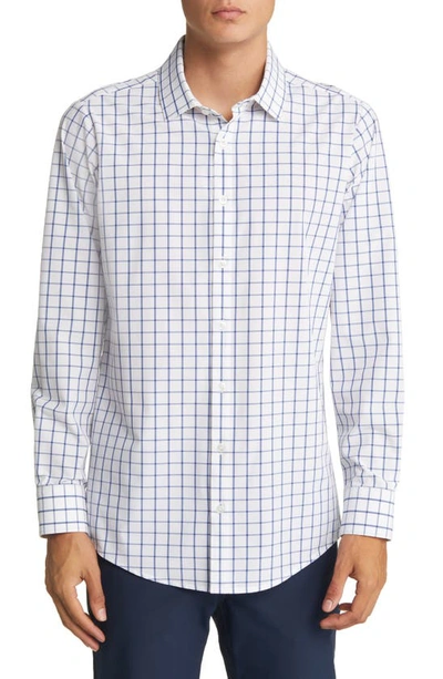 Shop Mizzen + Main Leeward No-tuck Performance Button-up Shirt In White Navy Windowpane