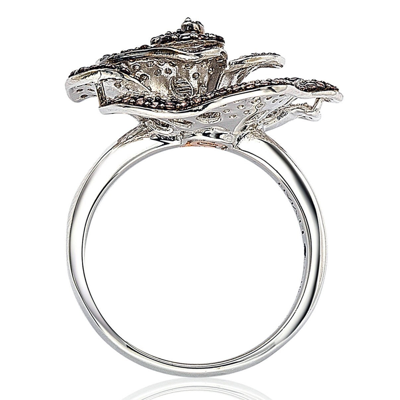 Suzy Levian Sterling Silver Brown And White Cubic Zirconia Pave Flower Ring