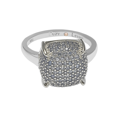 Suzy Levian Sterling Silver Prong Set Cushion Shape Pave Cz Ring In Blue