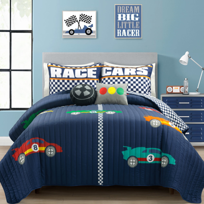 Shop Lush Decor Racing Cars Reversible Oversized Quilt White 4pc Set Twin In Blue