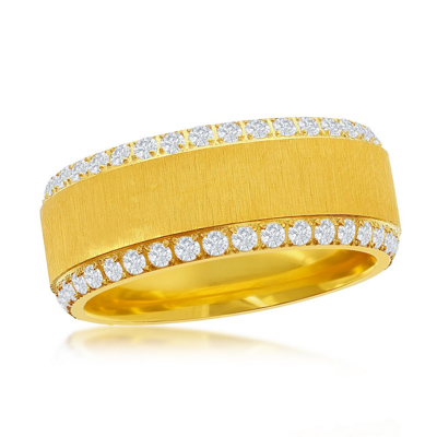 Shop Blackjack Stainless Steel Double Row Cz Eternity Satin Band Ring - Gold Plated In Yellow