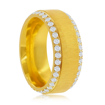 Shop Blackjack Stainless Steel Double Row Cz Eternity Satin Band Ring - Gold Plated In Yellow