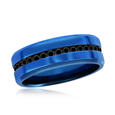 Blackjack Stainless Steel Blue W/ Black Cz Eternity Band Ring In Blue