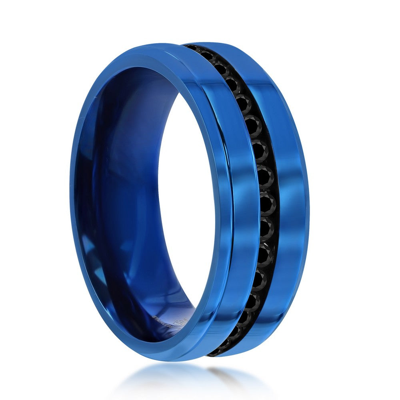 Blackjack Stainless Steel Blue W/ Black Cz Eternity Band Ring In Blue