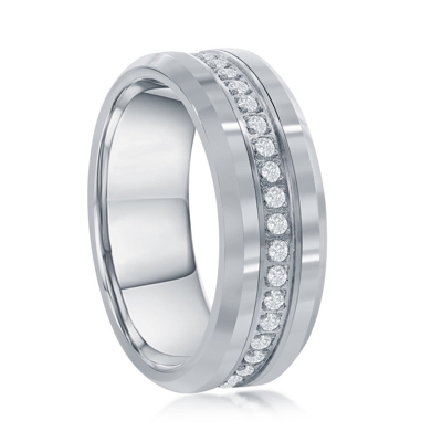 Blackjack Polished Silver Cz Eternity Tungsten Band Ring