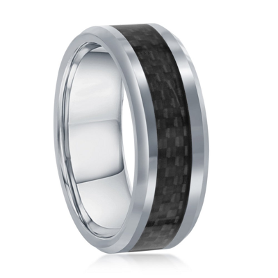 Blackjack Silver Tungsten Ring W/ Black Carbon Fiber In Silver
