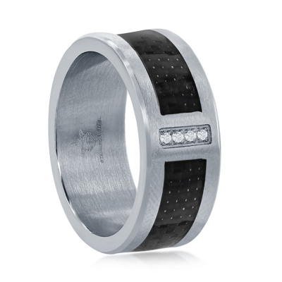 Shop Blackjack Stainless Steel Black Carbon Fiber Cz Ring In Grey
