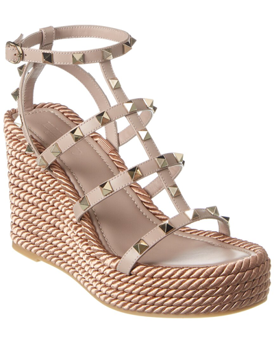 Shop Valentino Rockstud 95 Leather Wedge Sandal In Pink