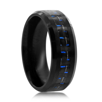 Blackjack Stainless Steel Black And Blue Carbon Fiber Ring