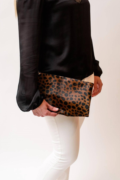 Clare V. Leopard Hair on Foldover Clutch Tan