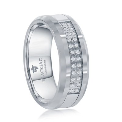 Blackjack Brushed And Polished Double Row Cz Silver Tungsten Ring